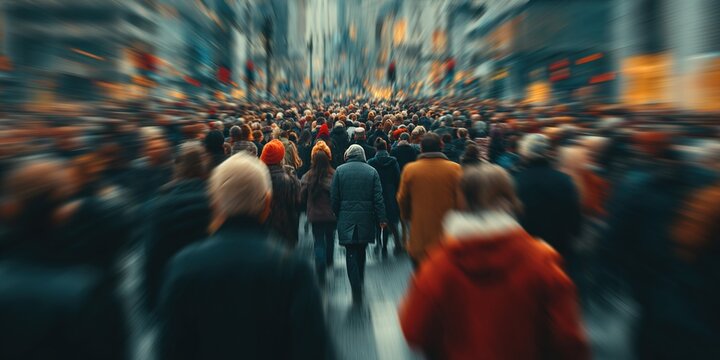 Crowded public place with people passing walking in city traffic flow motion blur effect. Cinematic light Generative AI. High quality - Powered by Adobe