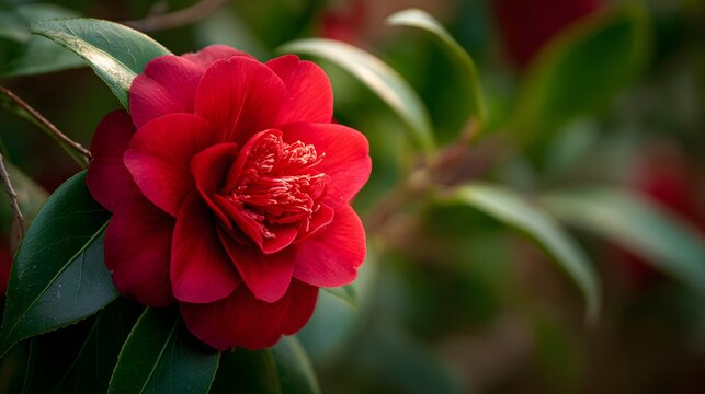 Contemporary Garden Featuring Ornamental Red Camellia Blossom Embodying Strength And Elegant Appeal