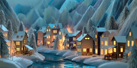 Charming Paper Art Winter Village Scene in Snowy Valley