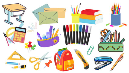 Illustration of various school supplies including desk, books, and writing instruments spread out