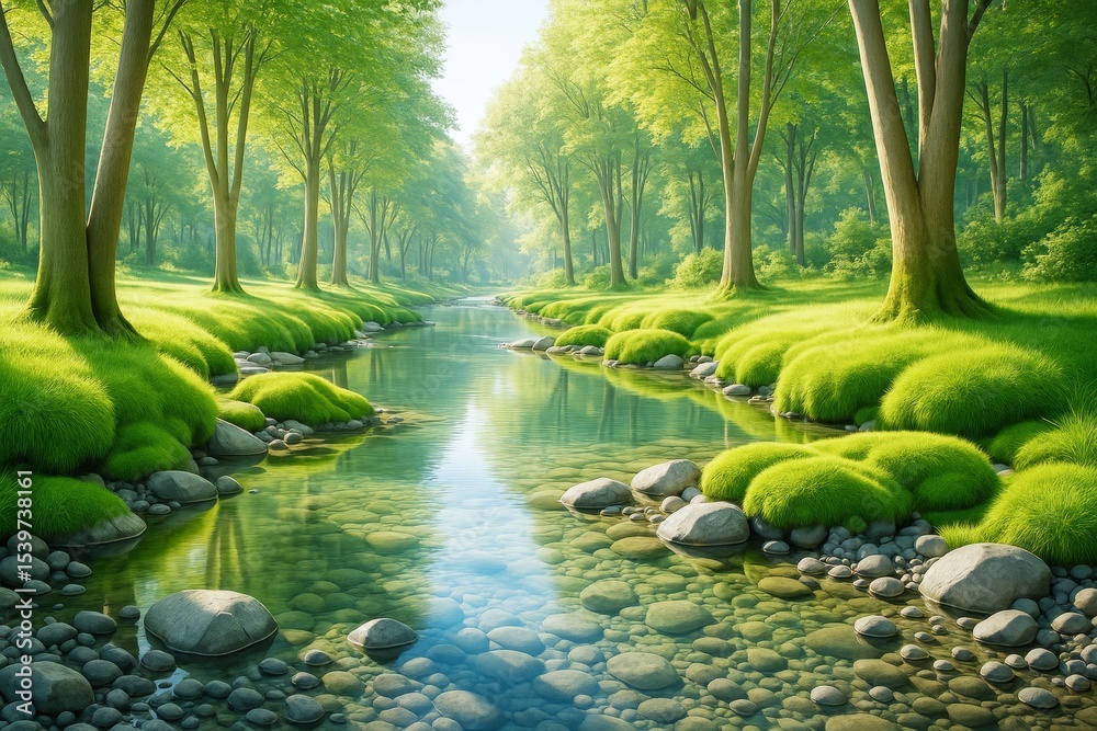Poster peaceful forest river with lush green grass and sunlight filtering through trees in a serene nature 