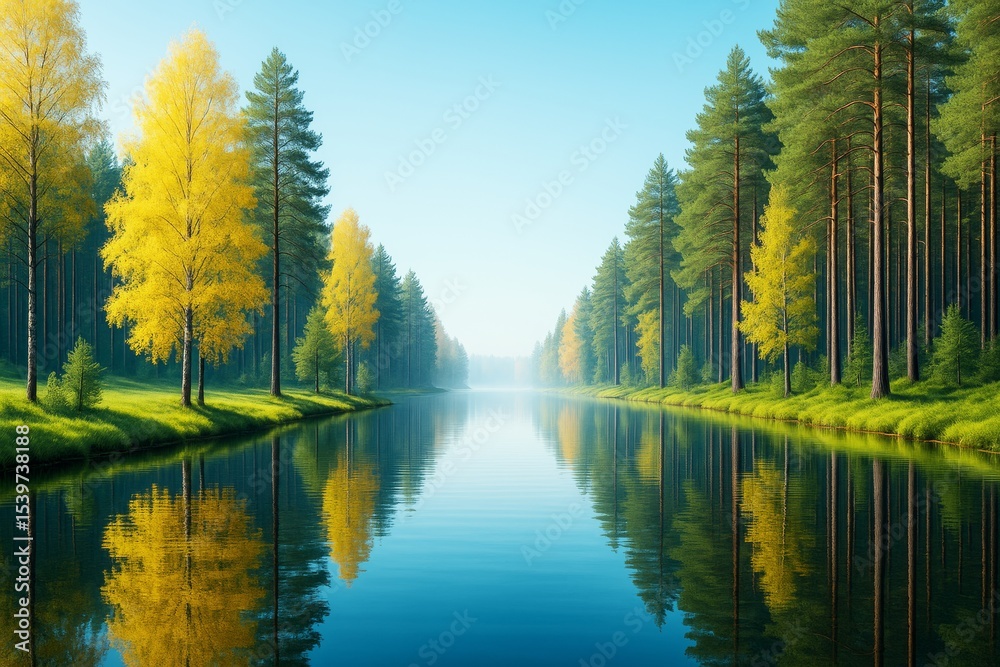 Poster tranquil forest river landscape with autumn trees reflecting on calm water under clear blue sky in s