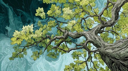 Detailed Digital Illustration of a Fast-Growing, Resilient Boxelder Tree Merging Ashleaf and Manitoba Maple Traits Amid a Dynamic Climate