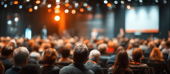 Blurred speaker is standing in front of an audience, presenting on the stage with a whiteboard and projector. High quality