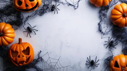 Whimsical Halloween border with cute jack-o'-lanterns, spiders, and spider webs on moody background