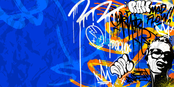 Graffiti background vector with throw-up, tagging hand-drawn, spray paint effect, drips style. Illustration Street art graffiti urban theme for prints, banners, and wall art.