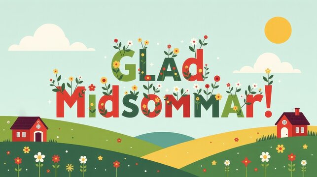 A greeting card for Swedish midsummer celebration, decorative lettering text "Glad Midsommar!" on swedish language written in playful block letters, surrounded by a Swedish landscape with red cottages