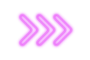 Purple pink bright color light neon arrow pointer pointing right with glowing effect on transparent background for designs