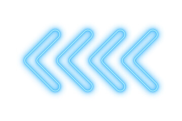 Obraz premium Blue bright color light neon arrow pointer pointing left with glowing effect on transparent background for designs