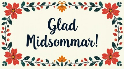 A greeting card for Swedish midsummer celebration, decorative lettering text "Glad Midsommar!" on swedish language	
