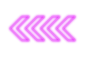 Purple pink bright color light neon arrow pointer pointing left with glowing effect on transparent background for designs
