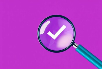 Magnifying glass with checkmark, purple background, flat design, success, check mark
