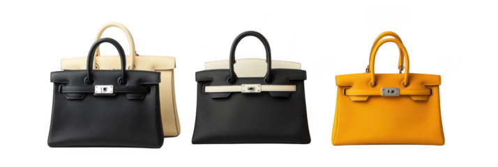 Three hermes birkin bags isolated on transparent background