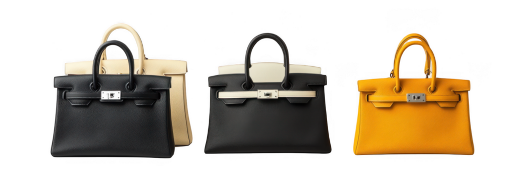 Three hermes birkin bags isolated on transparent background