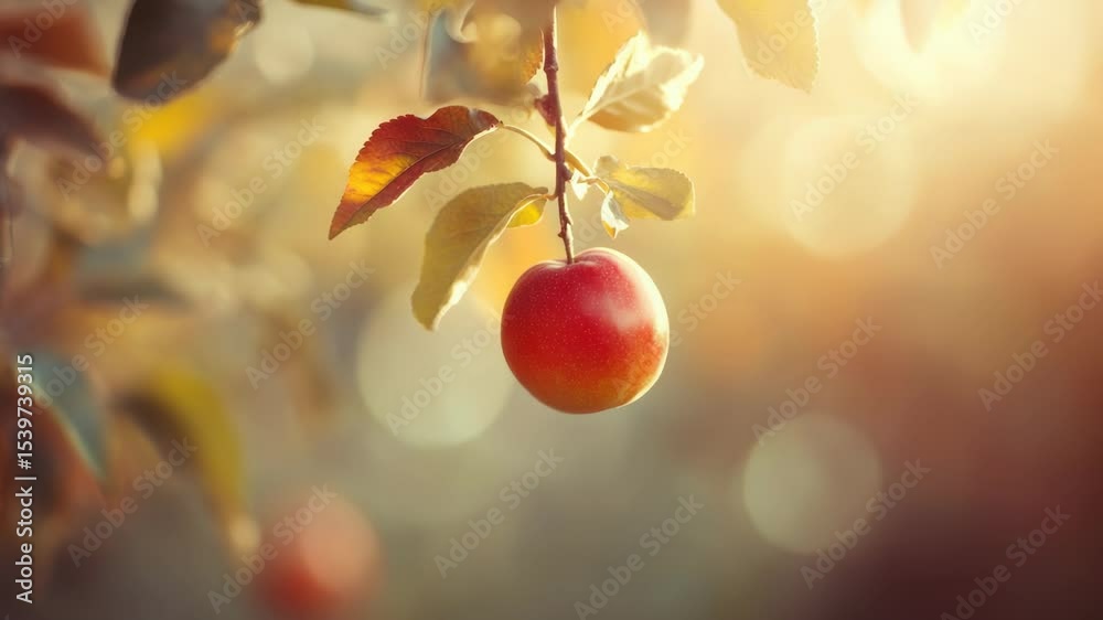 Poster A single red apple hangs from a tree branch in a natural setting