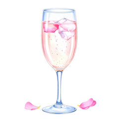 A vibrant pink cocktail, possibly sparkling wine or champagne, served in a tall flute glass with ice cubes and decorative rose petals, perfect for celebrations.