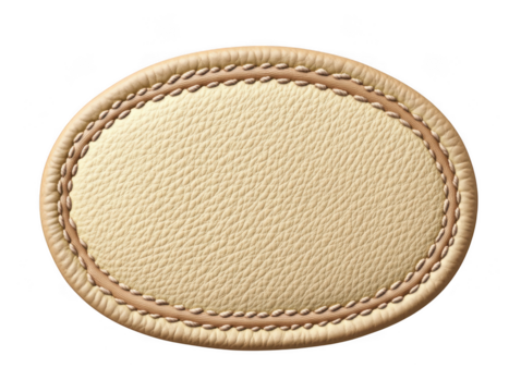 Oval beige leather patch with stitching isolated on transparent background