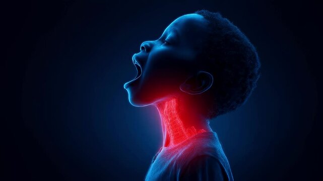 Medical visualization highlighting inflamed tonsils causing pain and discomfort to a young child, emphasizing the need for diagnosis and treatment
