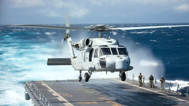 Military helicopter docking on a destroyer in open sea
