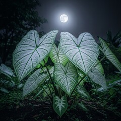 Moonlit Caladium Leaves at Night