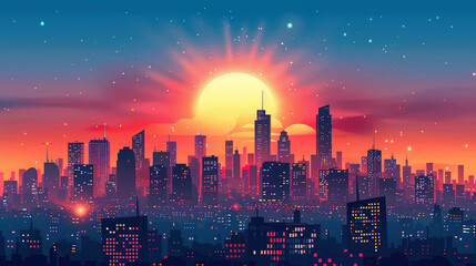 Obraz premium Dramatic Downtown Skyline Poster Background: Modern Urban Architecture with Neon Lights & Dynamic Night Views.