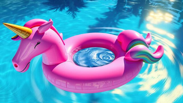 Inflatable pink unicorn pool float on water in sunny environment  