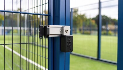 Close-up of a modern gate lock on a sports field, surrounded by green grass and trees