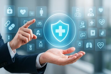 Businessman interacting with digital healthcare interface and medical icons on futuristic light background for health technology concept.