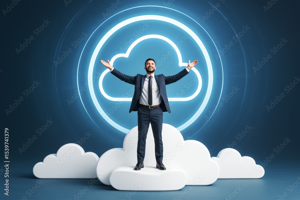 Poster confident businessman standing on cloud shapes with neon cloud icon in abstract blue background, exp