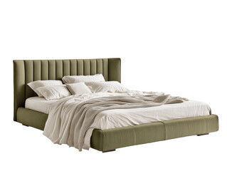 Modern olive green upholstered bed isolated on transparent background
