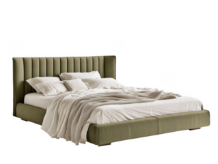 Modern olive green upholstered bed isolated on transparent background