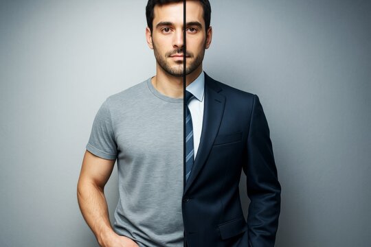Split image of a man in casual t-shirt and formal suit showing contrast of personal and professional appearance on neutral background light.