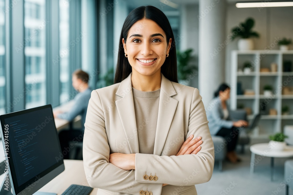 Poster confident businesswoman smiling with arms crossed in modern office with bright background and people