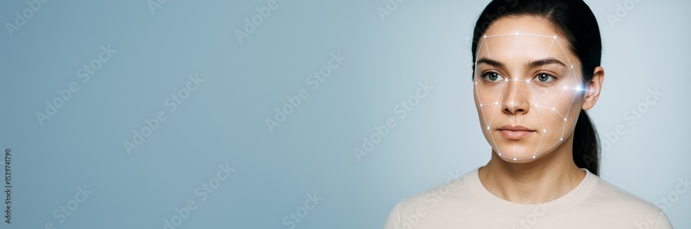 Poster facial recognition technology scanning woman face with biometric markers on clean blue background, i