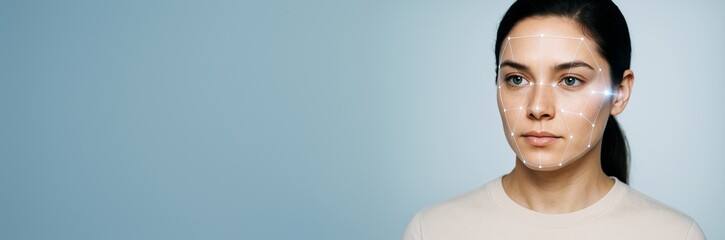 Facial recognition technology scanning woman face with biometric markers on clean blue background, ideal for copyspace and tech design concepts.