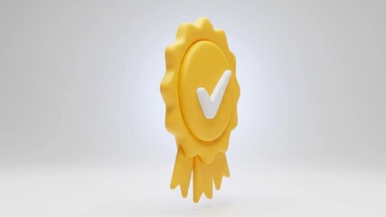 A cheerful yellow achievement badge, prominently displaying a white checkmark, is isolated on white background