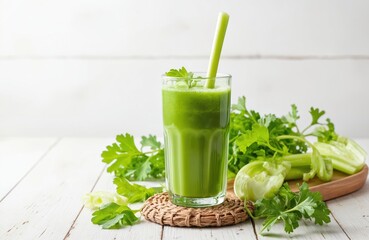 Fototapeta premium Celery green juice in glass on white background. Healthy drink for detox. Organic vegetable smoothie, fresh blended beverage on wooden table. Vegan food, diet eating. Freshness parsley, celery near