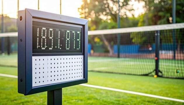 Digital scoreboard displaying scores on a tennis court during a sunny day with trees