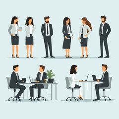 Flat style business people characters in workplace. Male and female persons in office room. Businessmen and businesswomen at work place
