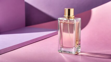 Elegant Perfume Bottle on Pink Background Subtle Light and Shadow Play Fragrance Product Photography