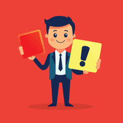 Businessman holding signboard, Positive and negative signs.true, false,do, don't.flat vector cartoon character illustration