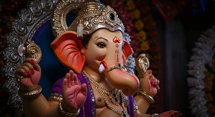 Traditional Portrait of Lord Ganesha Idol with Soft Golden Lighting