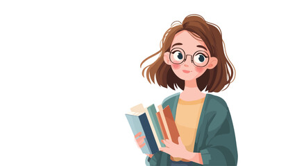 A digital illustration depicting a young woman with shoulder-length brown hair wearing round glasses.  She is holding a stack of books and has a thoughtful expression, looking slightly upward and
