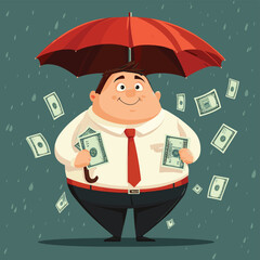 fat businessman with money in umbrella, vector style simple color