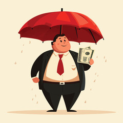fat businessman with money in umbrella, vector style simple color