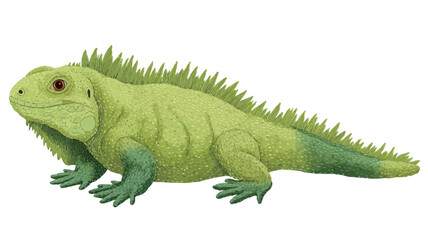Obraz premium A digital illustration of a green iguana. The iguana is depicted in profile view, facing to the left. Its body is predominantly bright green, with some shading to indicate texture and form