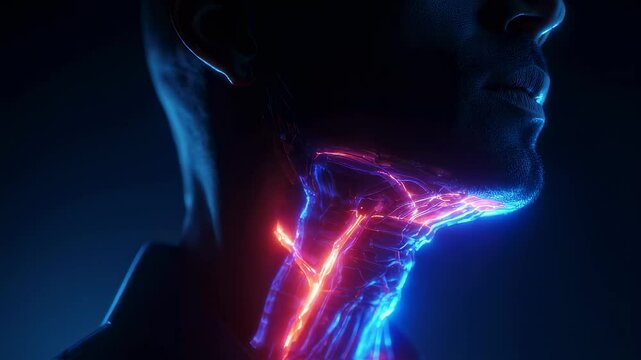 Advanced medical technology visualizing glowing voice modulator implant positioned inside human throat, representing innovative bioengineering breakthrough in communication enhancement