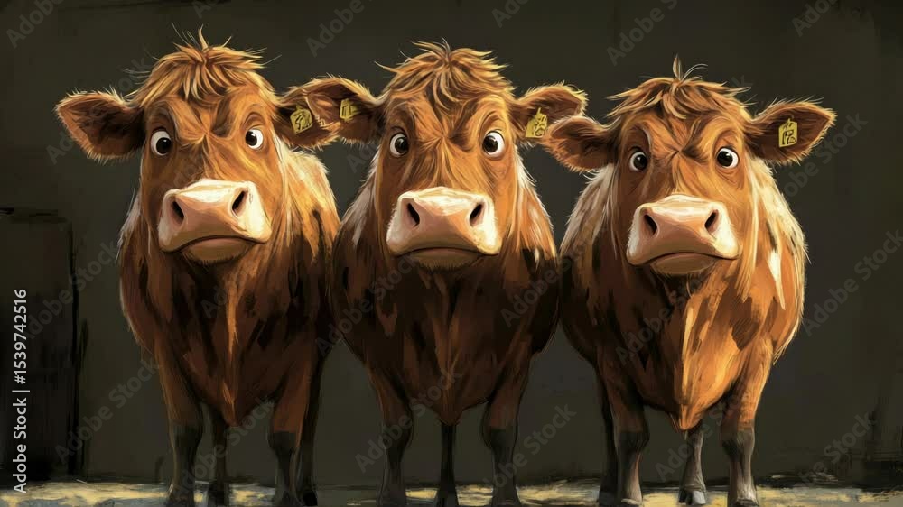 Aufkleber a group of three brown cows grazing together in a field