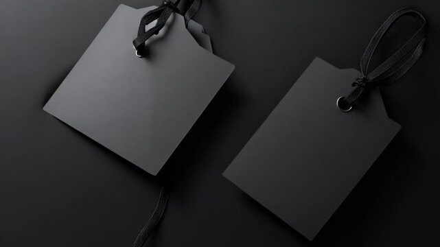 Close-up of two black tags connected by string on dark background
