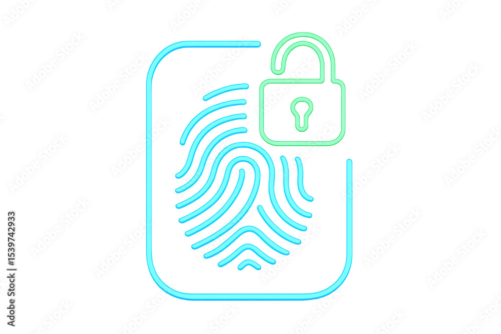 Poster neon fingerprint with open padlock symbolizing access and security in digital world, with transparen
